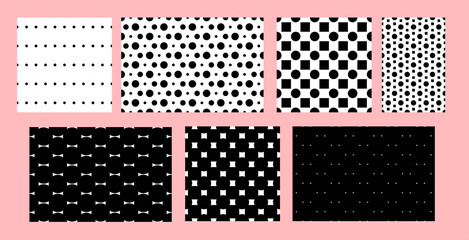 A set of geometric black and white seamless patterns. Monochrome classic pattern circles and squares, tiles. Infinite texture for wallpaper design.
