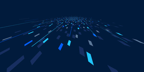 Abstract vector blue background, communication technology concept, dark 3d bits flying in perspective, futuristic abstraction. © Sylverarts
