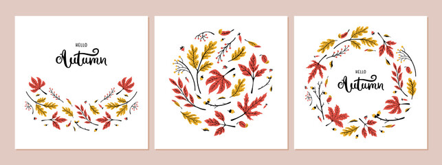 Autumn abstract templates collection, leaves borders and frames with hand-drawn lettering - Hello Autumn. Square cards with red and yellow leaves. Vector backgrounds for invitation or greeting card.