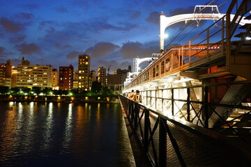 Cityscape of Sumidagawa River and Sumida River Walk Bridge at night in Tokyo, Japan - 日本...