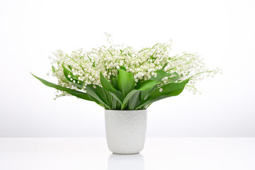 A bouquet of white flowers on a light background. Lilies of the valley in a white vase.