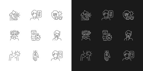 Sunstroke prevention linear icons set for dark and light mode. Heatstroke symptoms. Risk of sunburn. Customizable thin line symbols. Isolated vector outline illustrations. Editable stroke