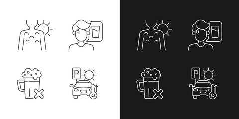 Sunstroke precaution linear icons set for dark and light mode. Sunburn on person skin. Avoid alcohol. Customizable thin line symbols. Isolated vector outline illustrations. Editable stroke