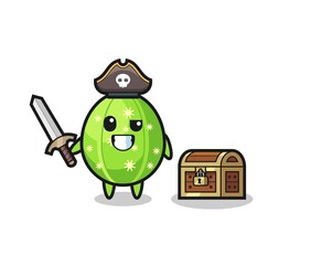the cactus pirate character holding sword beside a treasure box