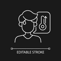 High body temperature white linear icon for dark theme. Sweating man during summer heat wave. Thin line customizable illustration. Isolated vector contour symbol for night mode. Editable stroke