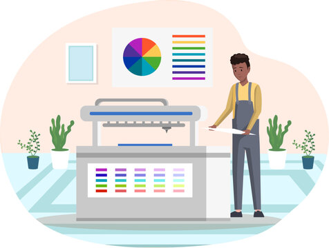 Professional equipment for print house concept. Man worker prints on large format plotter machine. Polygraphy production service in printshop or typography. Employee works with equipment, printer