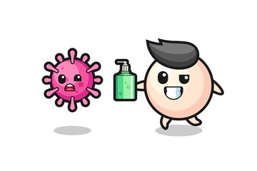 illustration of pearl character chasing evil virus with hand sanitizer