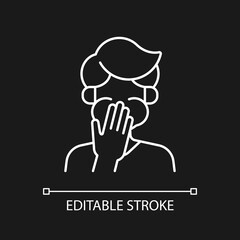 Nausea white linear icon for dark theme. Sick person covering mouth. Heat exhaustion symptom. Thin line customizable illustration. Isolated vector contour symbol for night mode. Editable stroke