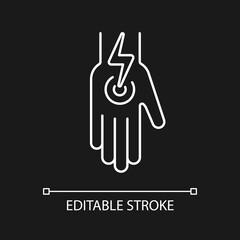 Cramps in arms and legs white linear icon for dark theme. Acute joint pain in arm. Thin line customizable illustration. Isolated vector contour symbol for night mode. Editable stroke