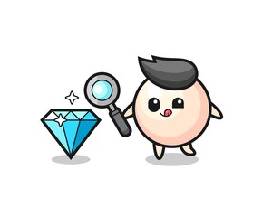 pearl mascot is checking the authenticity of a diamond