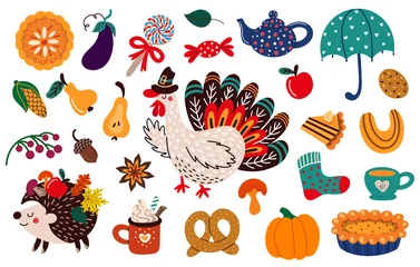 Gordijnen Set of vector elements for Thanksgiving celebration © Tatyana Olina
