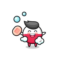 poland flag badge character is bathing while holding soap