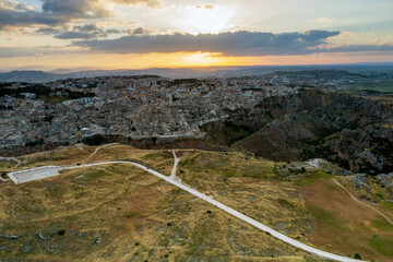 Aerial view of Matera at sunset, the city of stones, in Basilicata. a landscape
 very beautiful