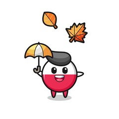 cartoon of the cute poland flag badge holding an umbrella in autumn