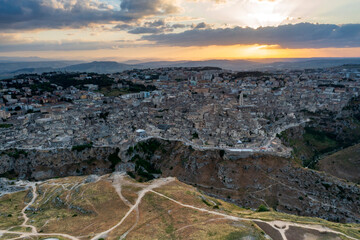 Aerial view of Matera at sunset, the city of stones, in Basilicata. a landscape
 very beautiful
