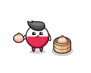 cute poland flag badge character eating steamed buns