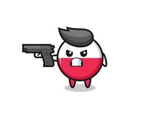 the cute poland flag badge character shoot with a gun