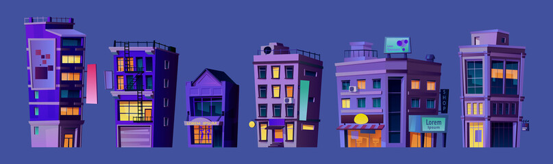 Business center, city buildings or financial district or downtown constructions at night. Infrastructure and structures illuminated in evening. Cityscape or skyline. Cartoon vector in flat style