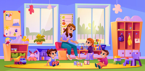 Kids listening to teacher at kindergarten playground. Woman teaching children by playing games. Development and improvement of skills. Daycare or nanny. Cartoon character, vector in flat style