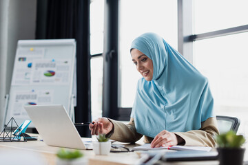 Fototapeta na wymiar smiling muslim businesswoman pointing at laptop while working in office, blurred foreground