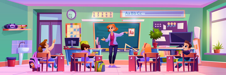 Classroom teacher and kids at lesson, woman explaining abc to kids sitting by desks. Academic education and studying, development and improvement of skills. Cartoon character, vector in flat style - obrazy, fototapety, plakaty
