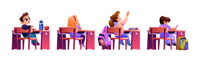 Fototapeta na wymiar Children sitting by desks want to answer question at lesson. Isolated pupils at school raising hands, excited clever students by table. Knowledge and education. Cartoon character, vector in flat style