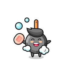 frying pan character is bathing while holding soap