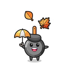 cartoon of the cute frying pan holding an umbrella in autumn