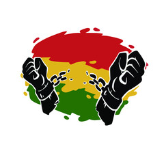 Juneteenth Freedom Jubilee Liberation Emancipation Day celebration hand with broken chains and background flag vector