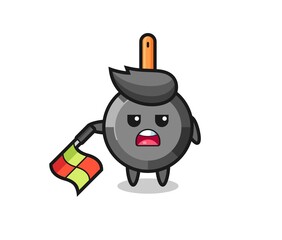 frying pan character as line judge hold the flag down at a 45 degree angle