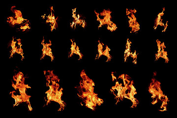 Set of images of bonfire, heat energy flames, number of sets, various, fire on black background red yellow heat energy