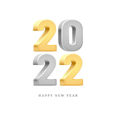 2022 Happy New Year silver and gold 3D vector text isolated on white background. Greeting card design element, 20 and 22 golden and grey 3D text, Merry Christmas invitation, calendar decor template