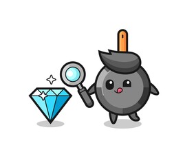 frying pan mascot is checking the authenticity of a diamond