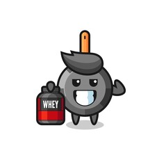the muscular frying pan character is holding a protein supplement