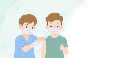 A doctor is vaccinating a man to be immune to various diseases or COVID-19. blank banner illustration vector. Health Care Concept.