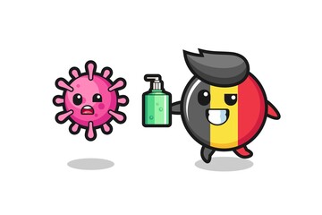 illustration of belgium flag badge character chasing evil virus with hand sanitizer