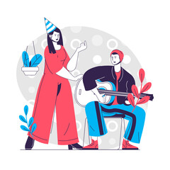 Birthday party web concept. Couple playing guitar and singing song. Holiday celebrating people scene. Flat characters design for website. Vector illustration for social media promotional materials