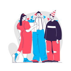 Birthday party web concept. Friends congratulate and give gifts. Holiday celebrating people scene. Flat characters design for website. Vector illustration for social media promotional materials