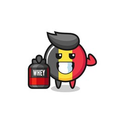 the muscular belgium flag badge character is holding a protein supplement