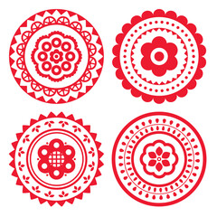 Polish folk art vector mandala design set with flowers, round traditional patterns  - perfect for greeting card or wedding invitation
	