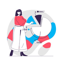 Data analysis web concept. Woman presenting and analyzing diagram. Business analytics people scene. Flat characters design for website. Vector illustration for social media promotional materials