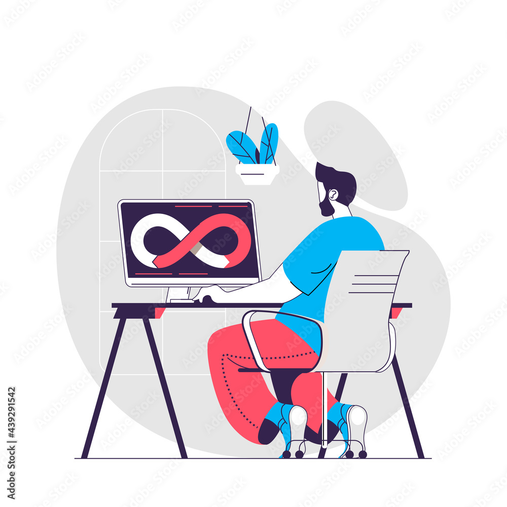 Leinwandbilder DevOps web concept. Programmer or developer working on computer. Development operations people scene. Flat characters design for website. Vector illustration for social media promotional materials