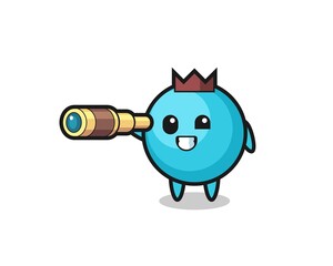 cute blueberry character is holding an old telescope