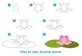 Children's game to develop drawing skills for preschool children. Create an illustration step by step. Printed sheet for a children's school notebook. Lotus.
