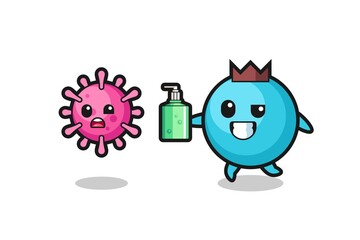 illustration of blueberry character chasing evil virus with hand sanitizer
