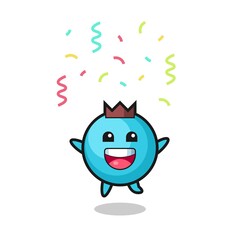 happy blueberry mascot jumping for congratulation with colour confetti