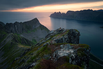 Panoramic view from the Husfjellet mountain, Senja, Norway. Nordic summer landscape