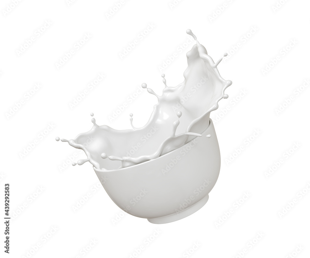 Wall mural milk pouring and splash form white bowl, isolated on white background