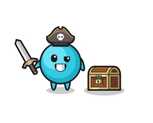 the blueberry pirate character holding sword beside a treasure box