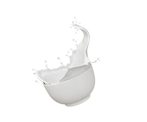 Milk Pouring and splash form White Bowl, isolated on white background
